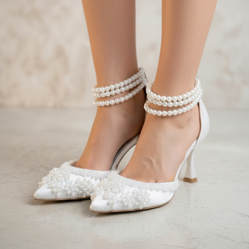 White pearl high heels with matching anklets on a neutral background