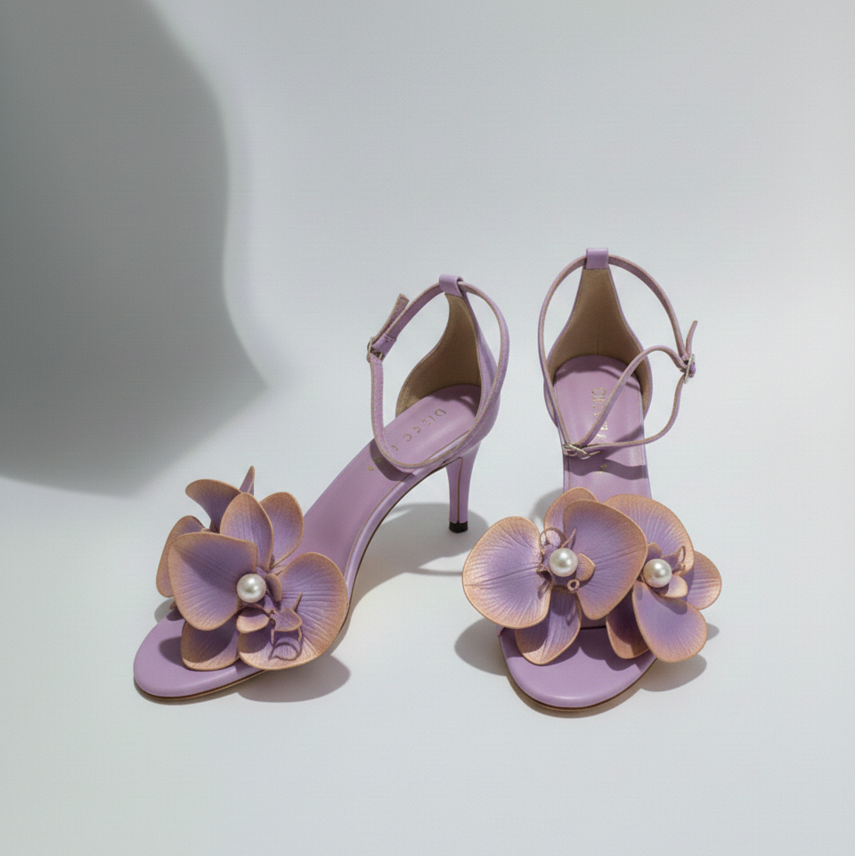 Lavender high-heeled shoes with floral designs and pearl embellishments on a white background