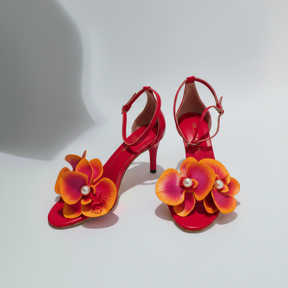 Red high-heeled shoes with orange floral decorations on a white background