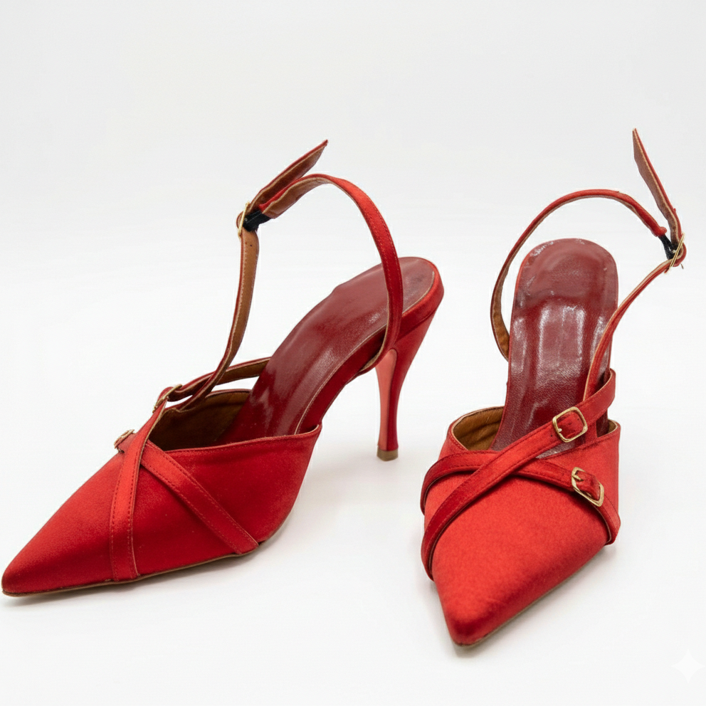 Red high-heeled shoes with brown straps on a white background