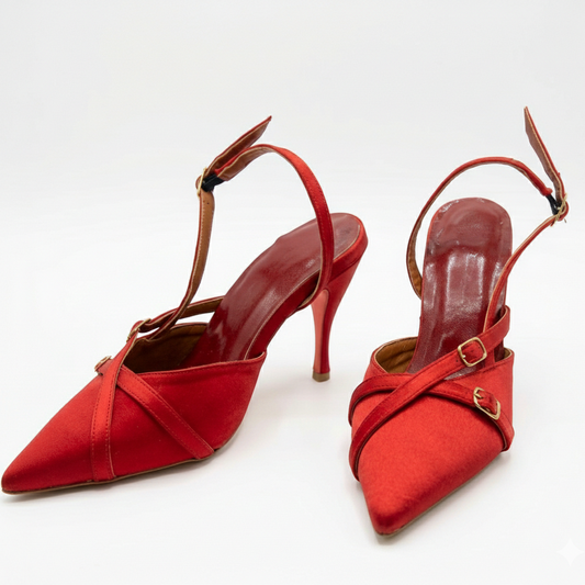 Red high-heeled shoes with brown straps on a white background
