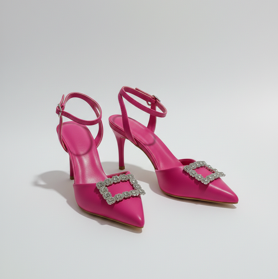 Pink high-heeled shoes with embellishments on a light gray background