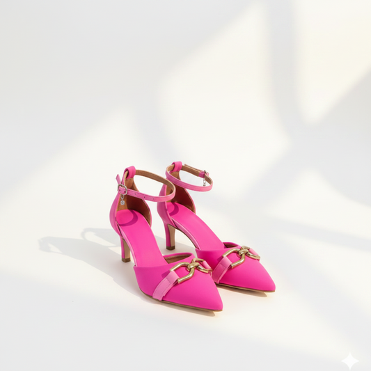 Pair of bright pink high-heeled shoes with gold accents on a white background