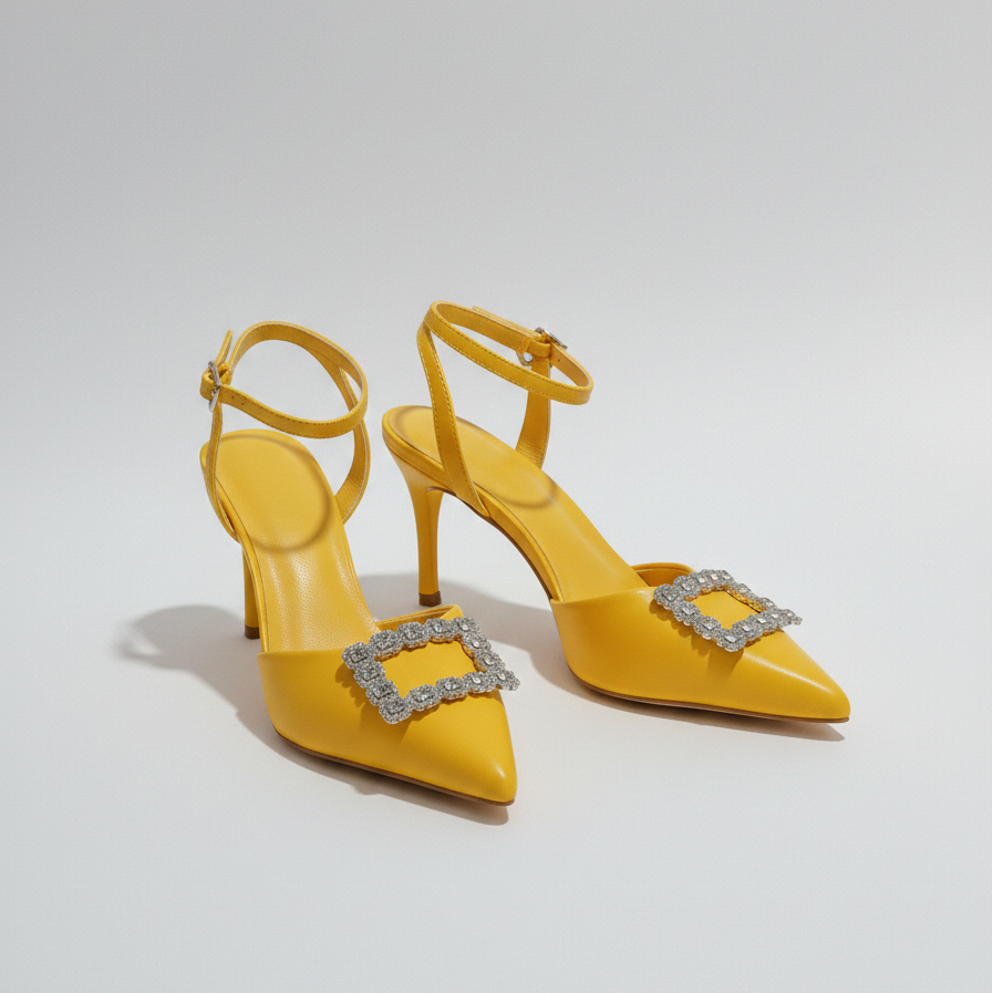 Yellow high-heeled shoes with decorative buckles on a light gray background