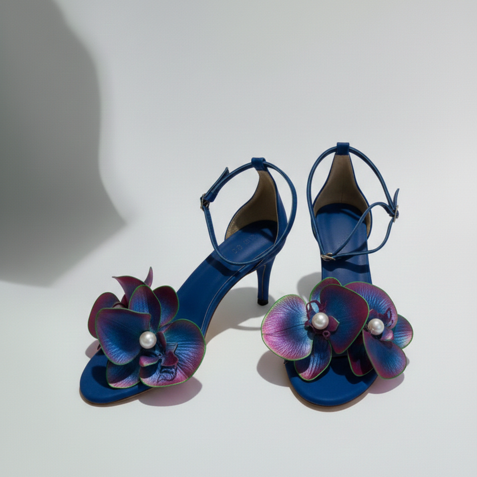 Blue high-heeled shoes with floral designs on a white background