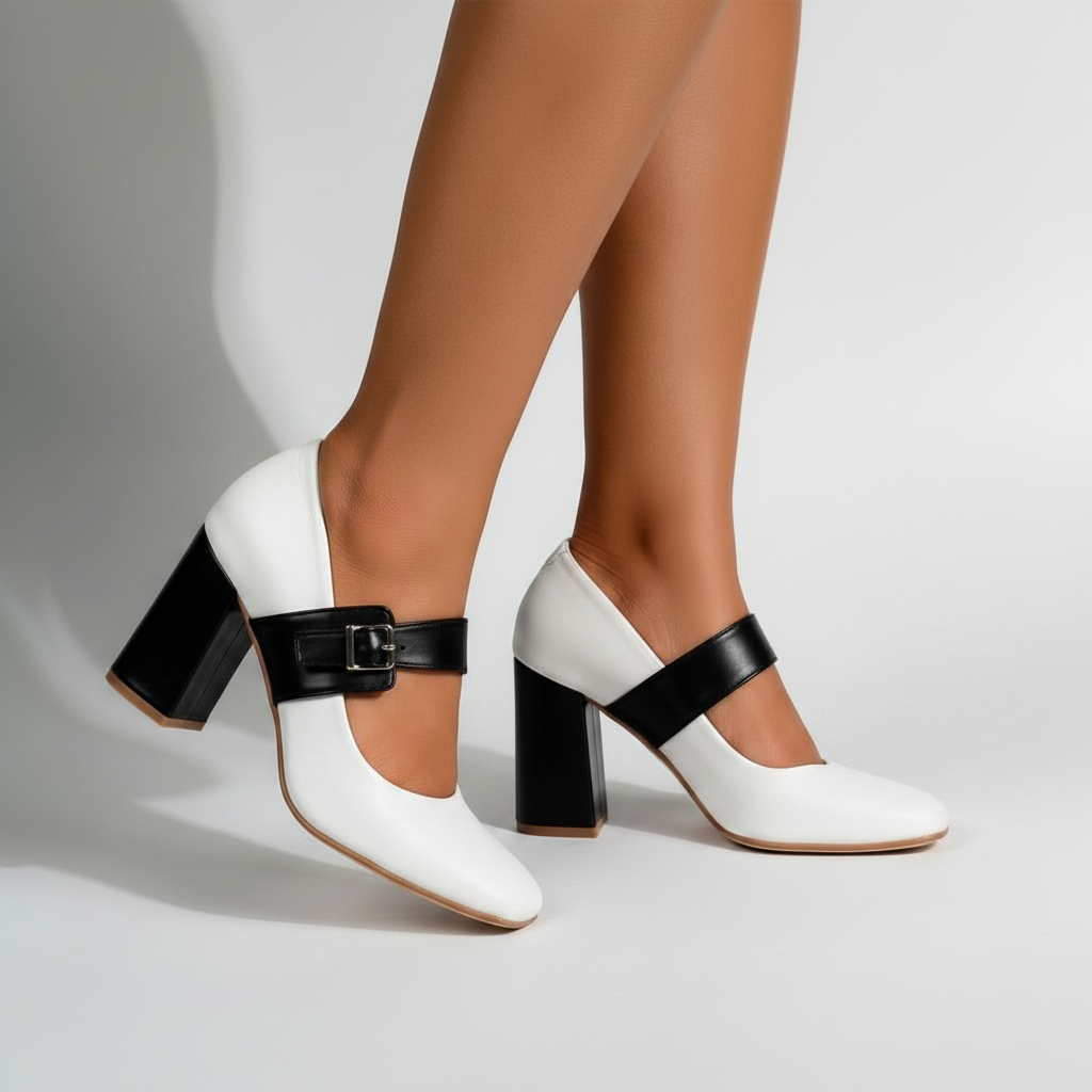 Red high-heeled shoes with black straps worn by a person on a neutral background