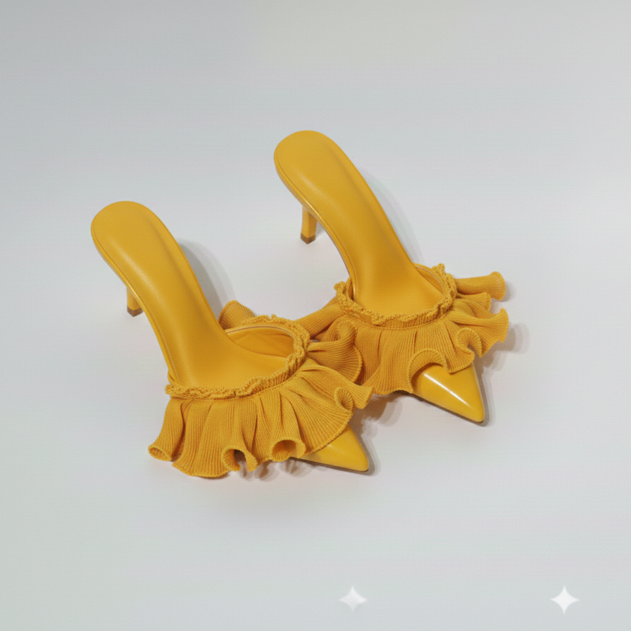 Yellow high-heeled shoes with ruffled details on a white background