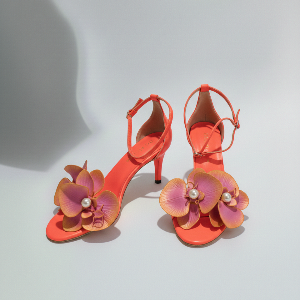 Orange high-heeled sandals with floral designs on a light gray background