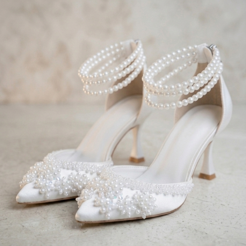 White wedding shoes with pearl embellishments on a neutral background