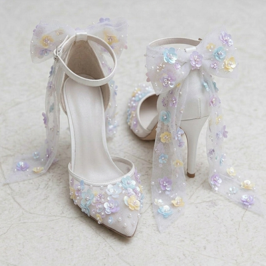 White high-heeled shoes with floral embellishments on a light gray background