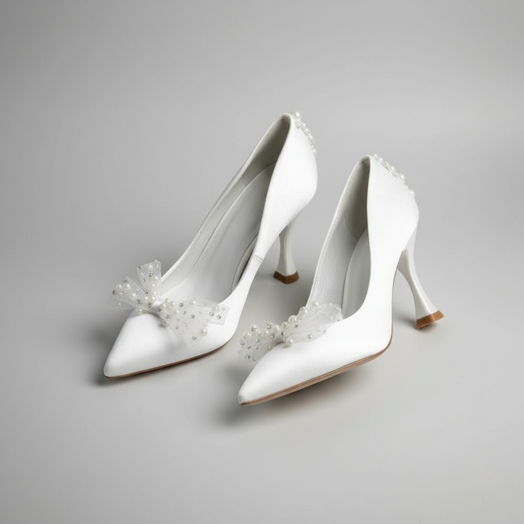 White wedding shoes with decorative elements on a gray background