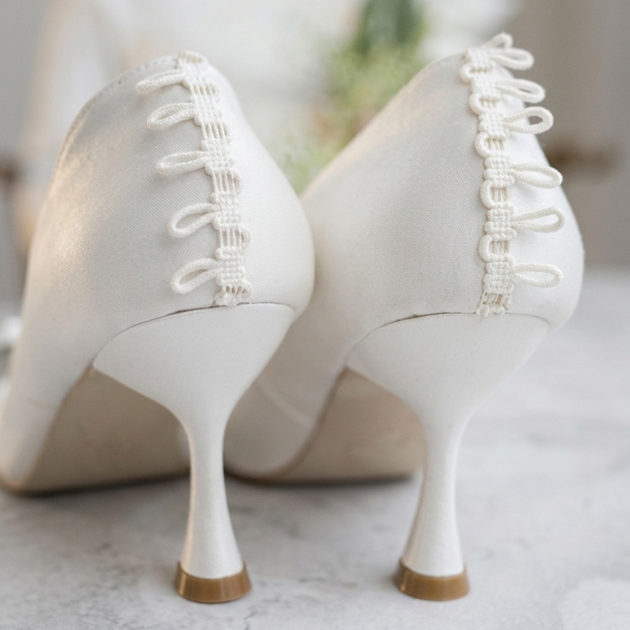 White high-heeled shoes with decorative laces on a light background