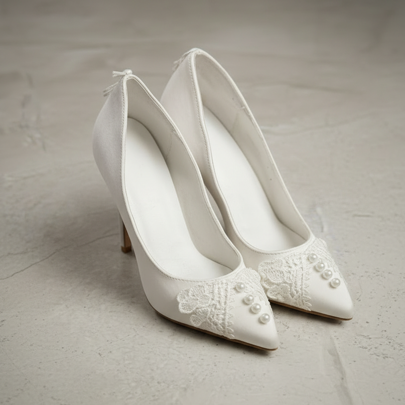 Pair of white wedding shoes with lace and pearl details on a light gray background